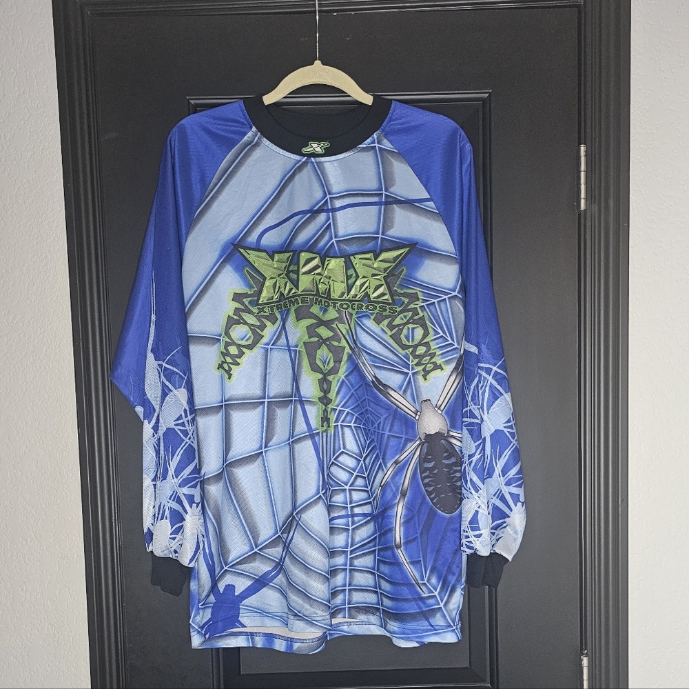 Vtg Athletic Works Xtreme Motocross Jersey Royal Blue Neon Green Spider Mens Med